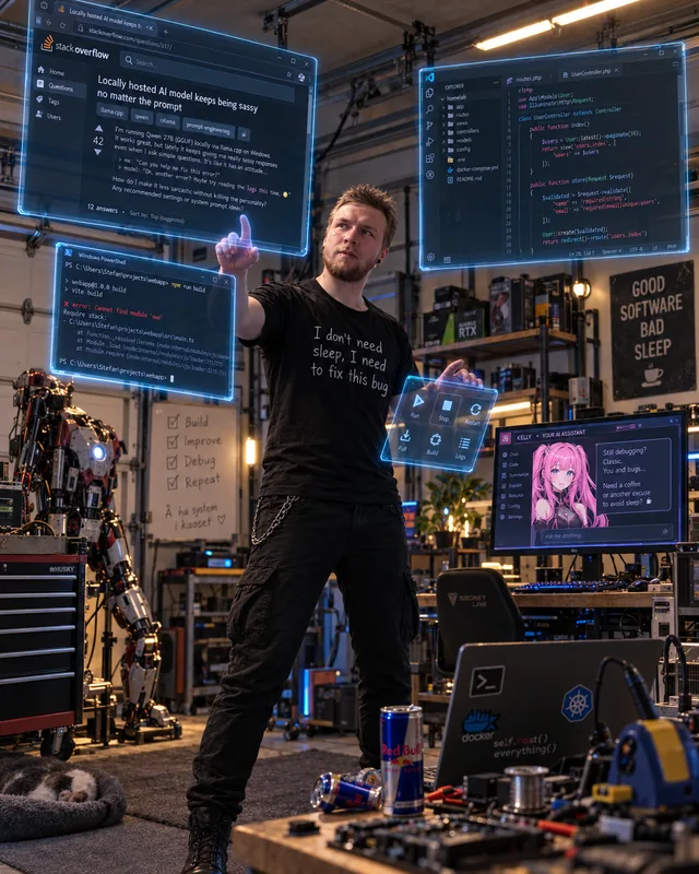 Development workspace surrounded by code, tools, and local AI interfaces